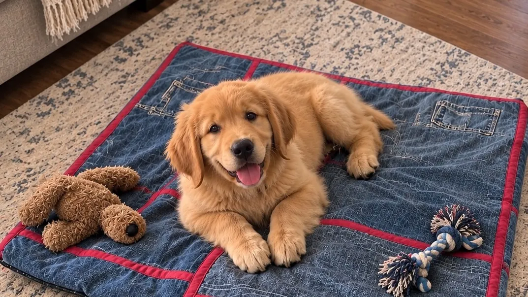 A golden retriever puppy lying calmly on a mat with their toys