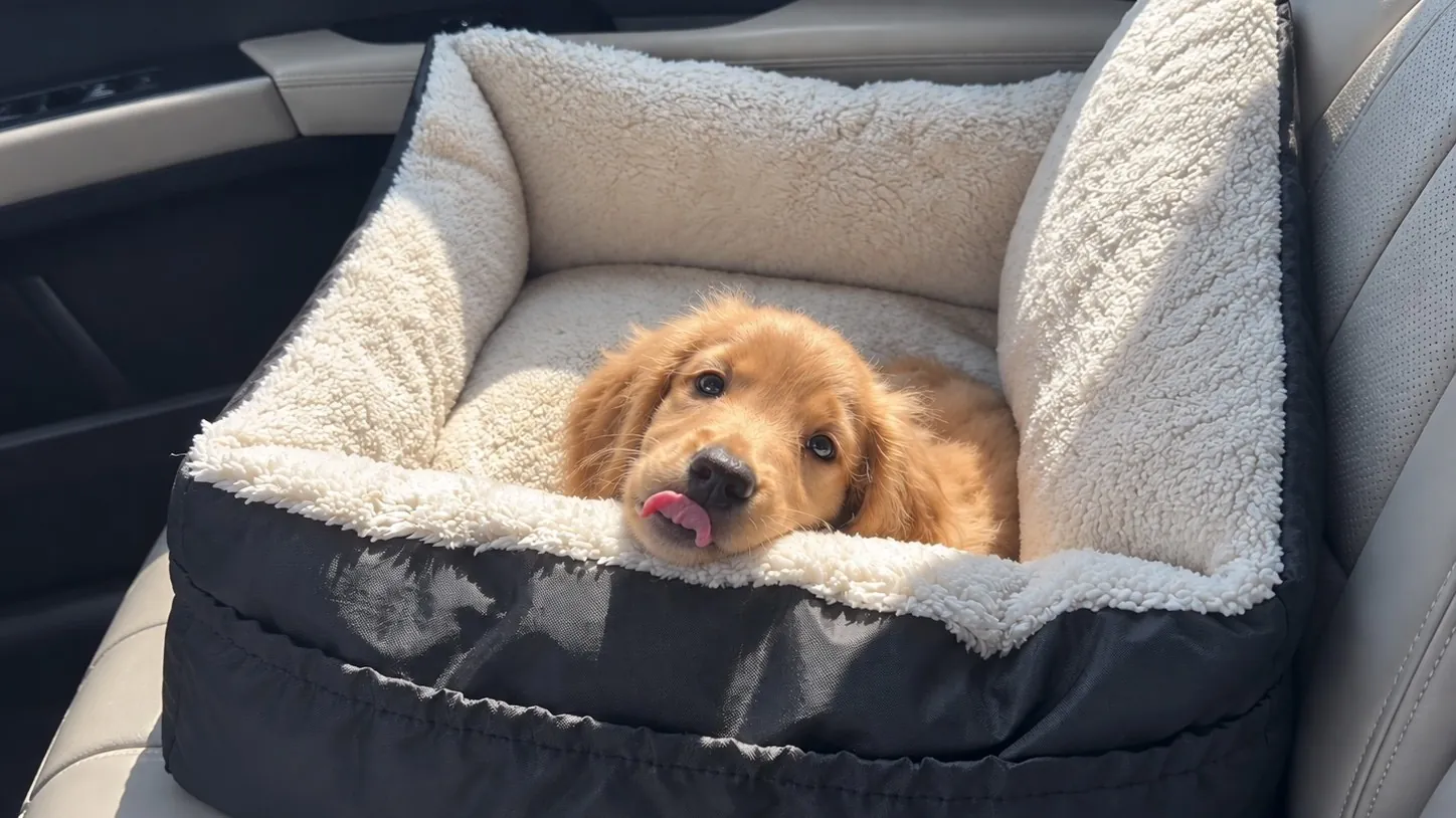 A golden retriever puppy settled in a car seat bed