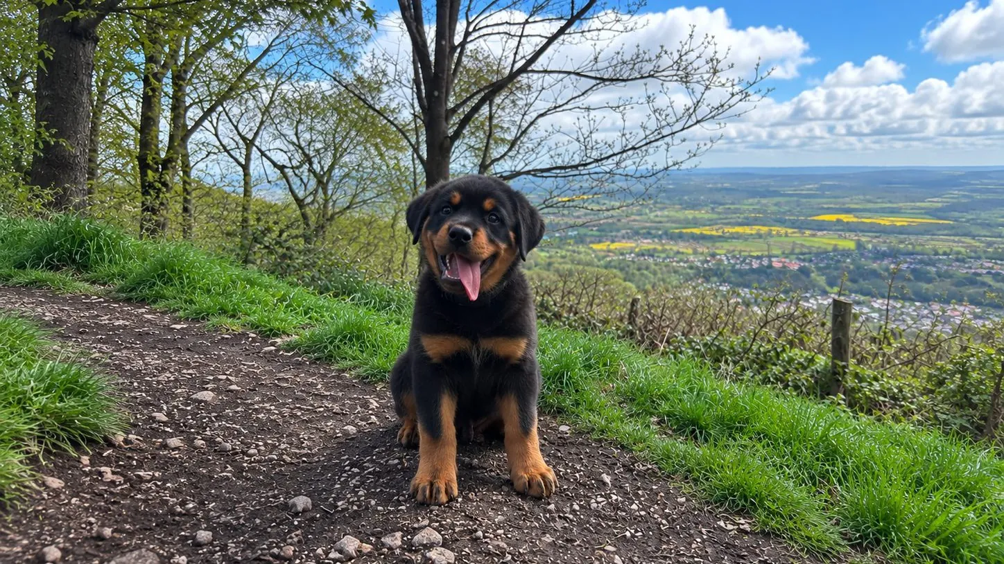 A rottweiler puppy sitting on a hillside walking trail